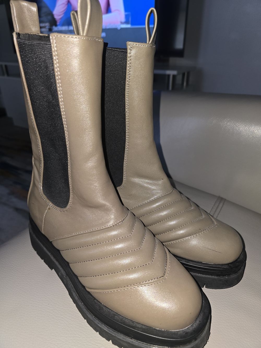 Ego Ayah Stitch Detail Mid Calf  Ankle Boots in Taupe
